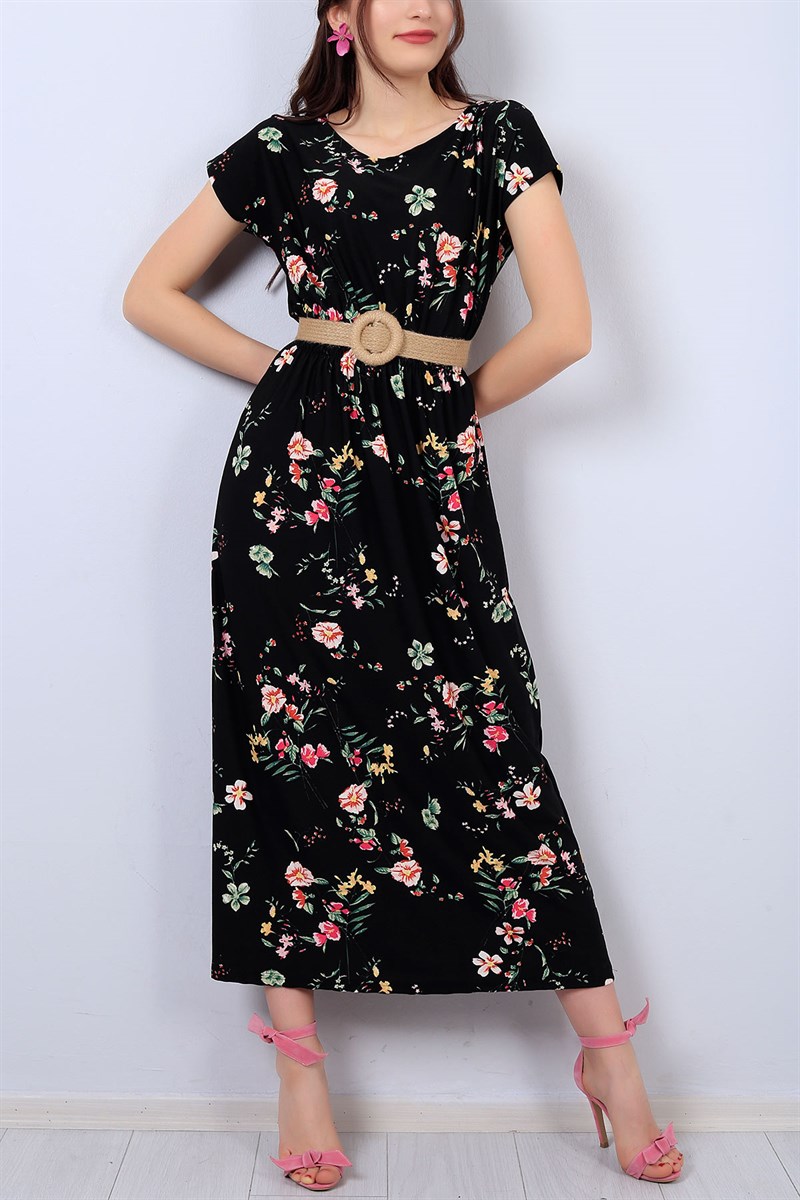 Siyah Çiçek Desenli Bayan Elbise 13721B