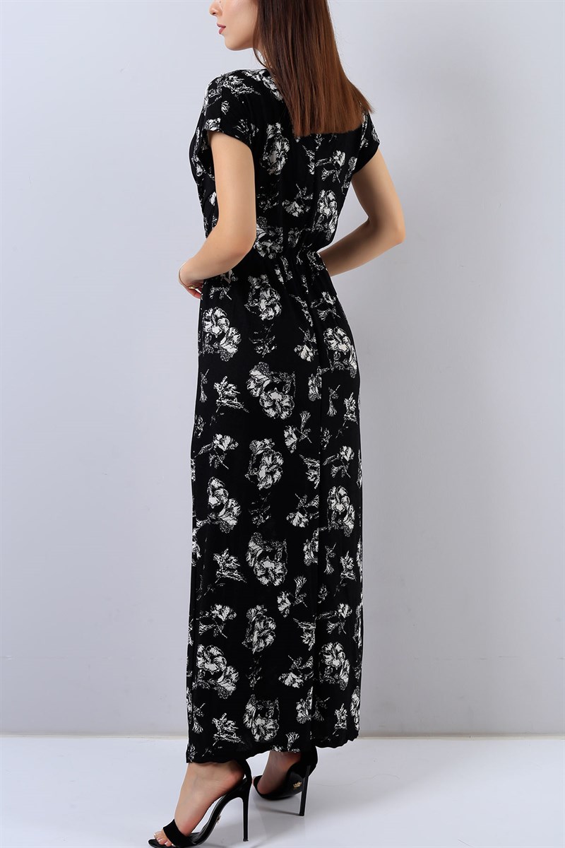 Siyah Çiçek Desenli Bayan Elbise 15714B