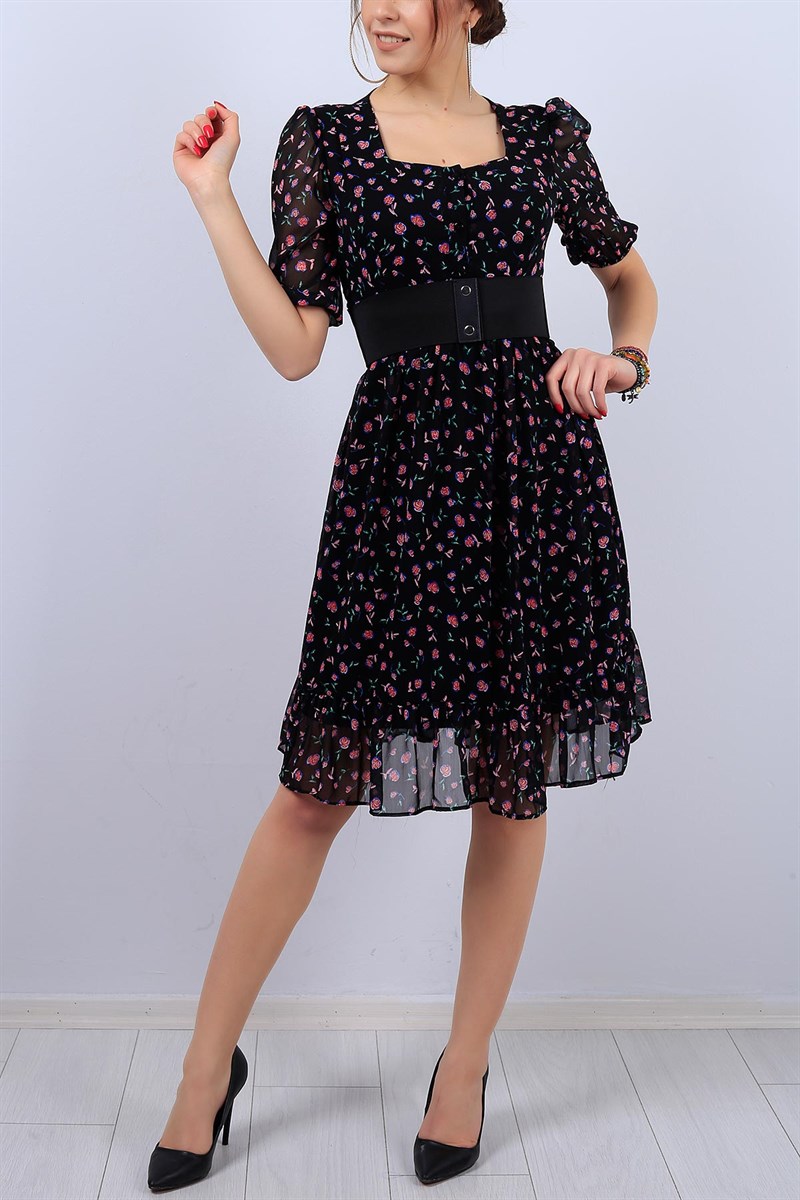 Siyah Çiçek Desenli Bayan Şifon Elbise 11860B