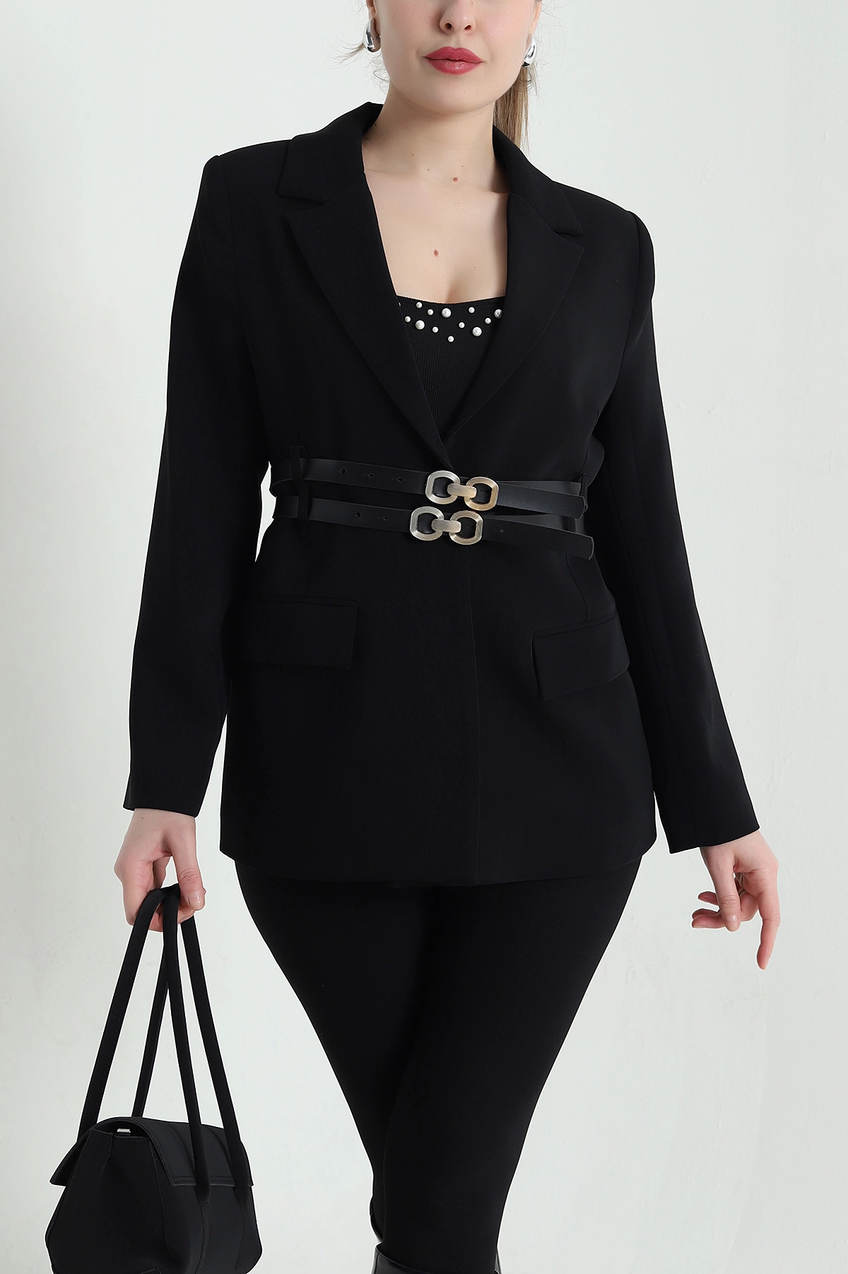 Siyah Çift Kemer Astarlı Latina Kadın Blazer Ceket 449542