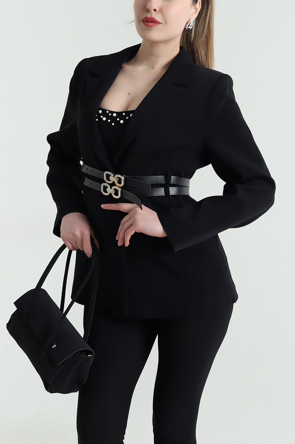Siyah Çift Kemer Astarlı Latina Kadın Blazer Ceket 449542