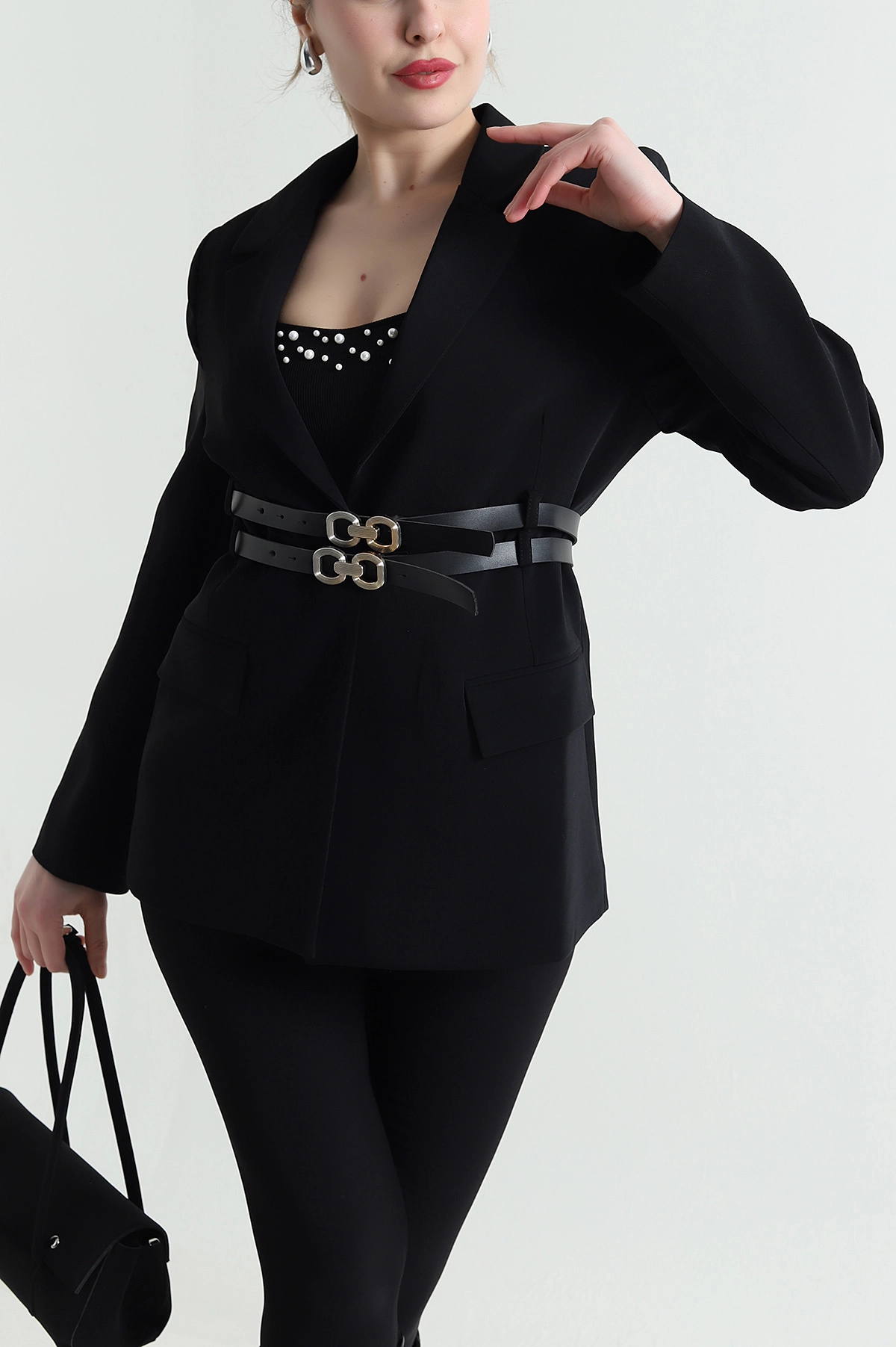 Siyah Çift Kemer Astarlı Latina Kadın Blazer Ceket 449542