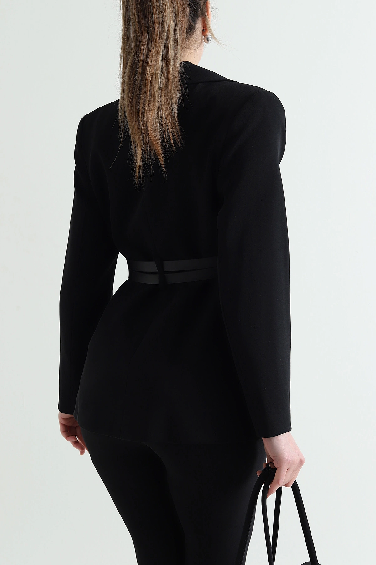Siyah Çift Kemer Astarlı Latina Kadın Blazer Ceket 449542