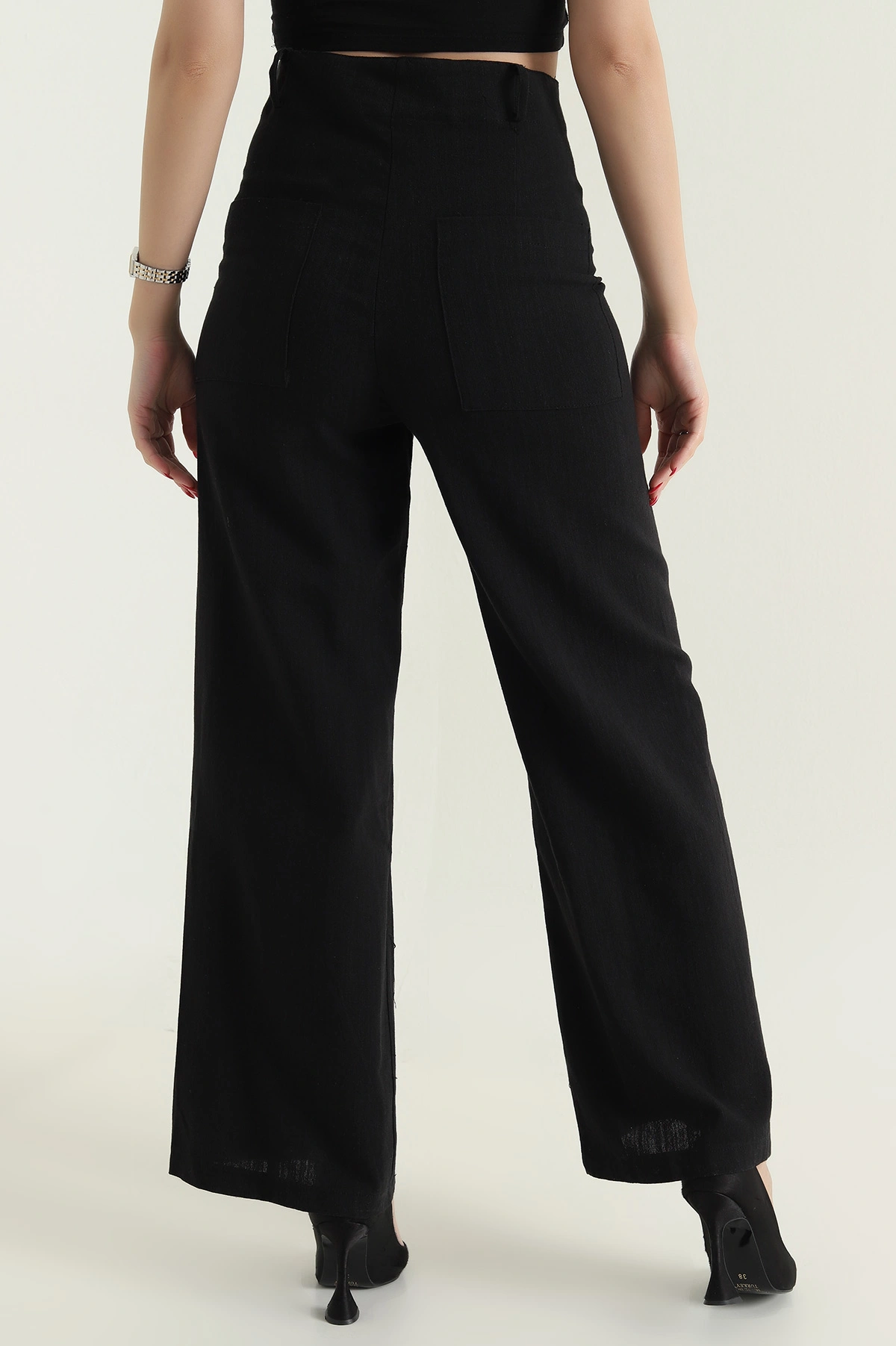 Siyah Çimalı Palazzo Keten Kadın Pantolon 432163