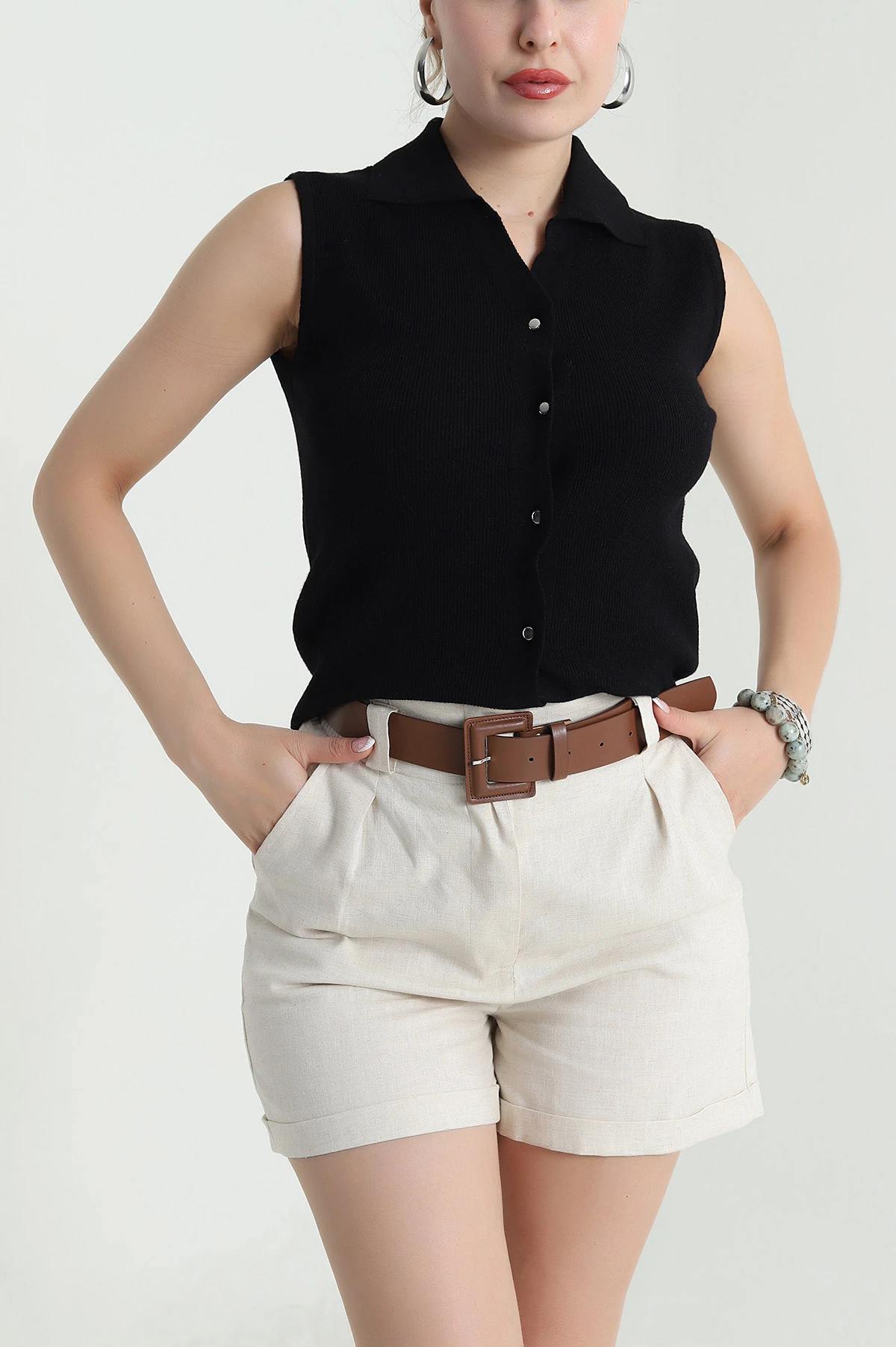 Siyah Cıt Cıtlı Polo Yaka Kadın Triko 477781