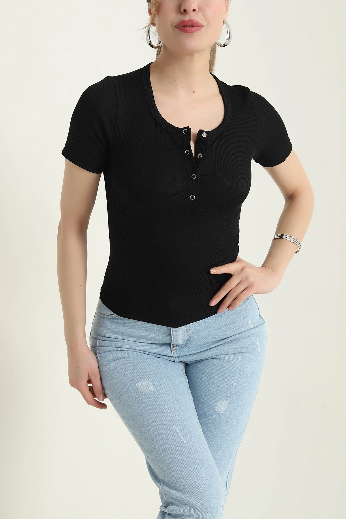 Siyah Çıtçıtlı Bürümcük Kadın Bluz 432213