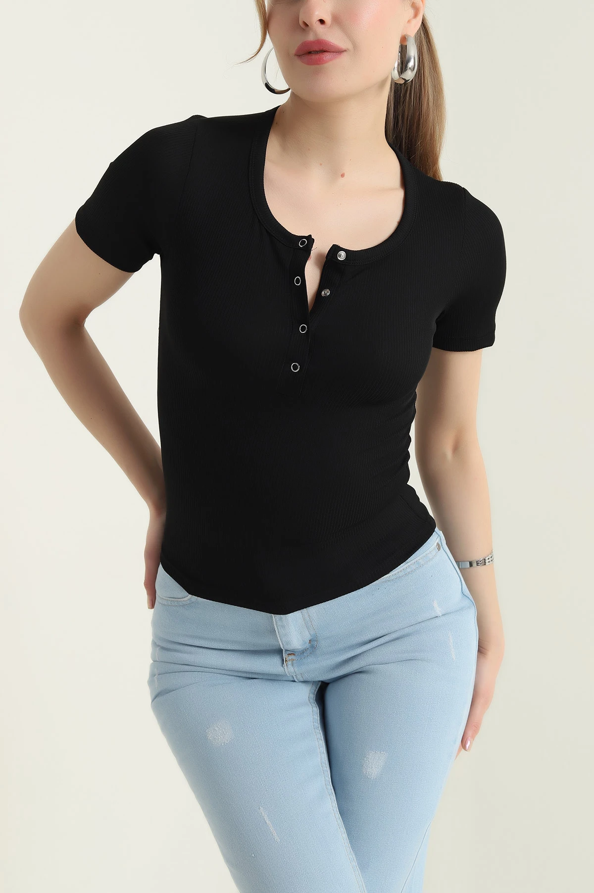 Siyah Çıtçıtlı Bürümcük Kadın Bluz 432213