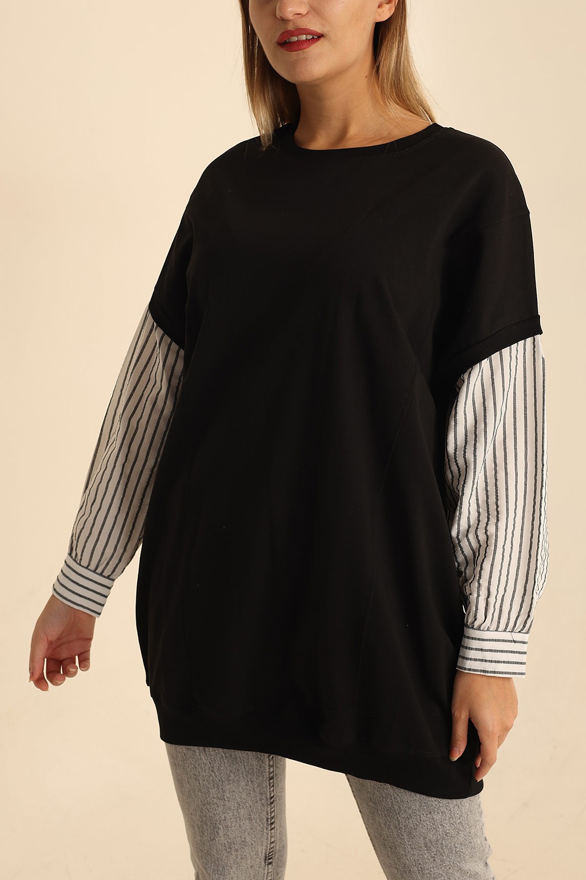 Siyah Çizgili Garnili İki İp Sweat 210128