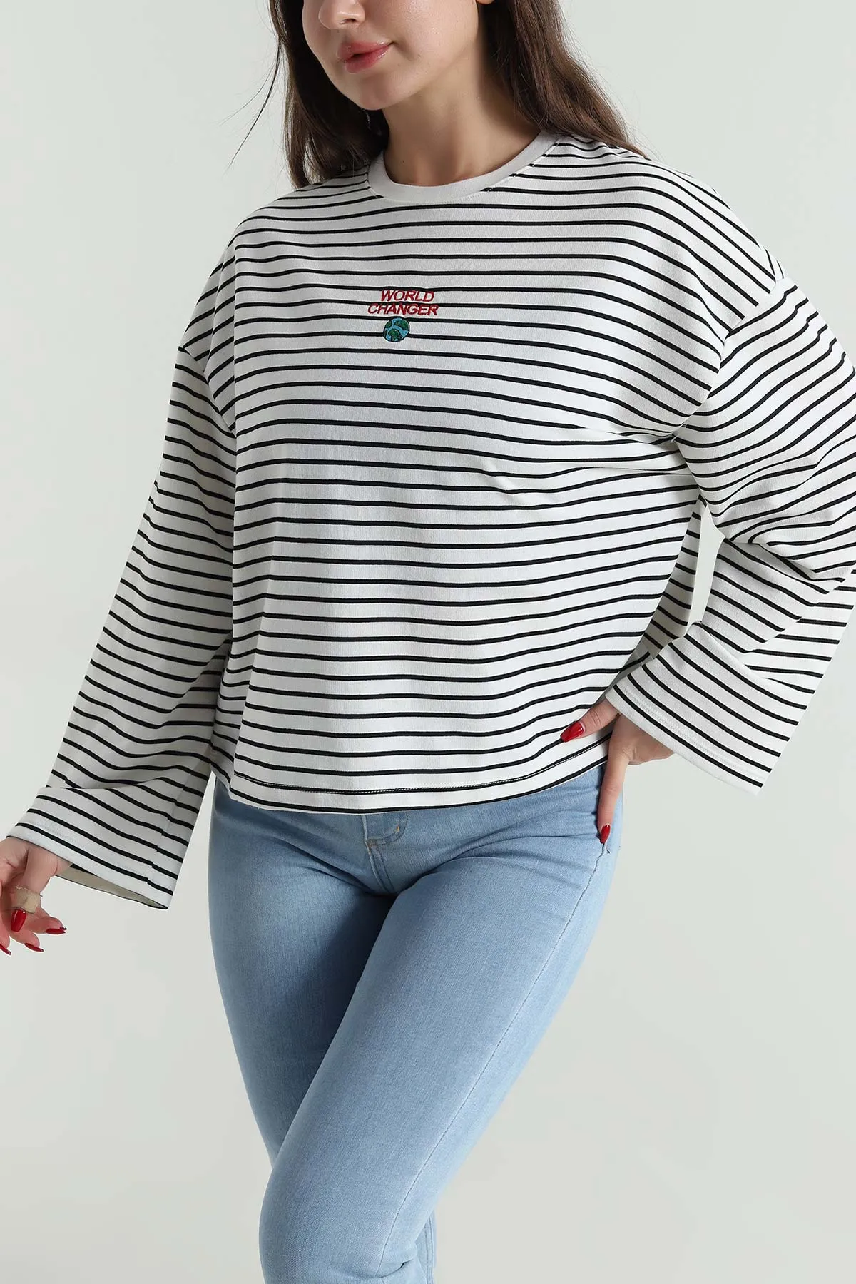 Siyah Çizgili Kadın İki İp Fermuarsız Sweat 496515