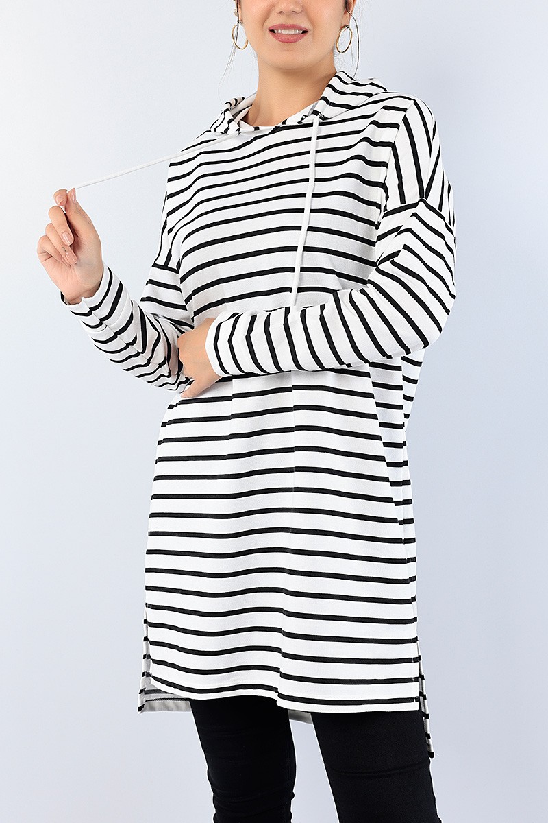 Siyah Çizgili Kapüşonlu Tunik 75154