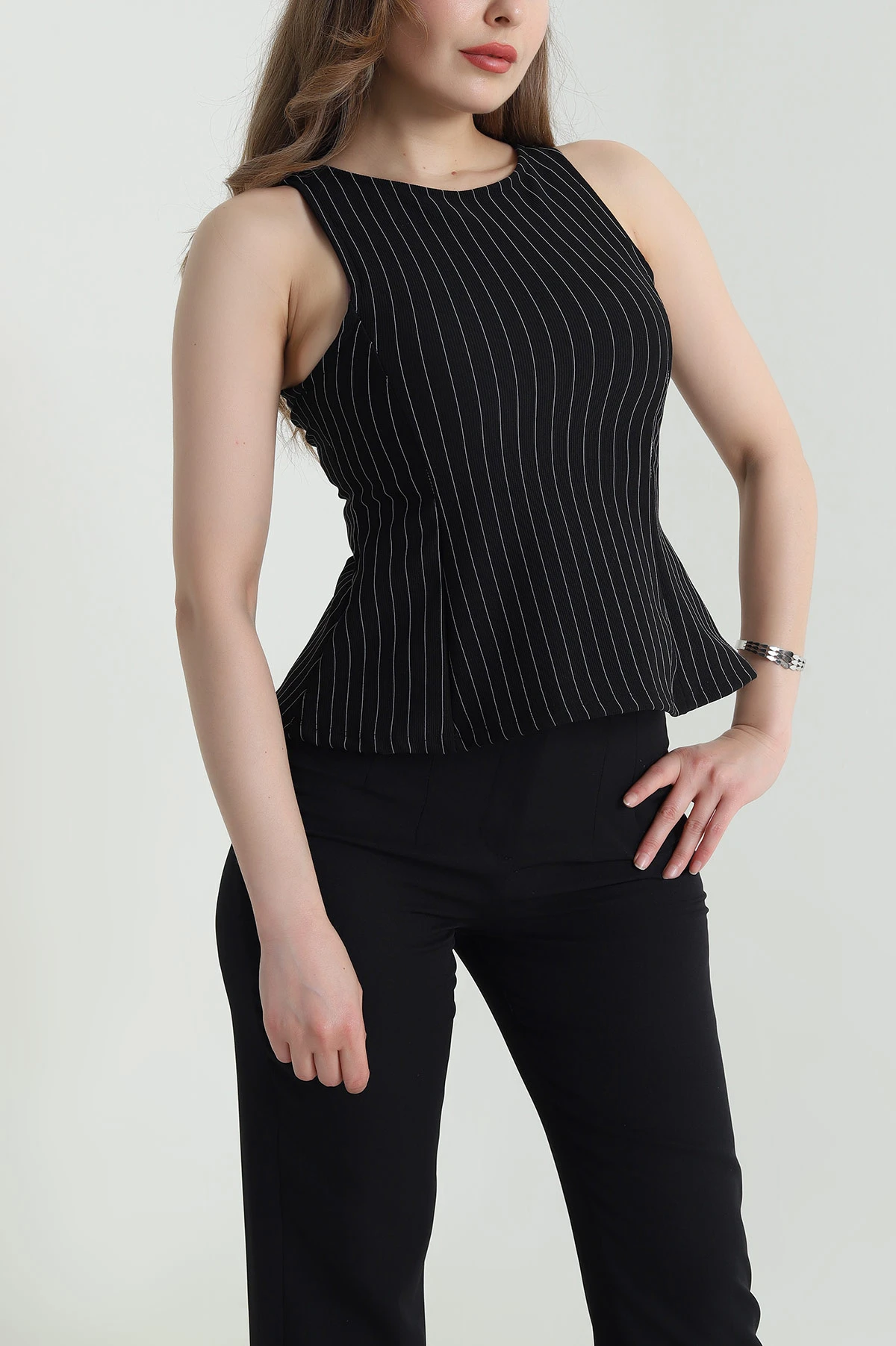 Siyah Çizgili Kolsuz Ottoman Kadın Bluz 465264