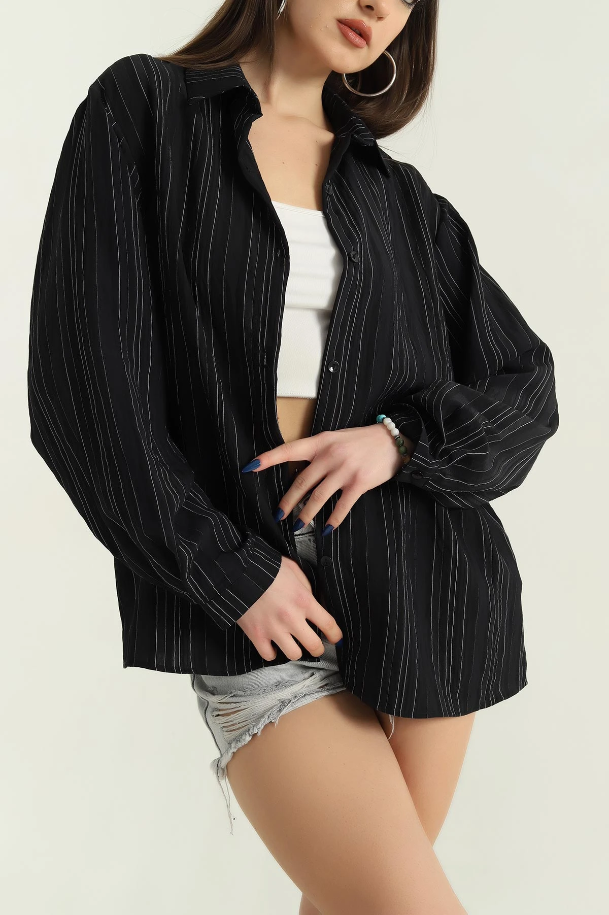 Siyah Çizgili Oversize Dokuma GÖmlek 337015