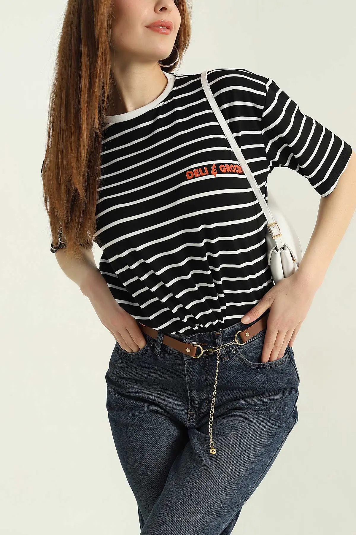 Siyah Çizgili Oversize Kadın Tişört 354282