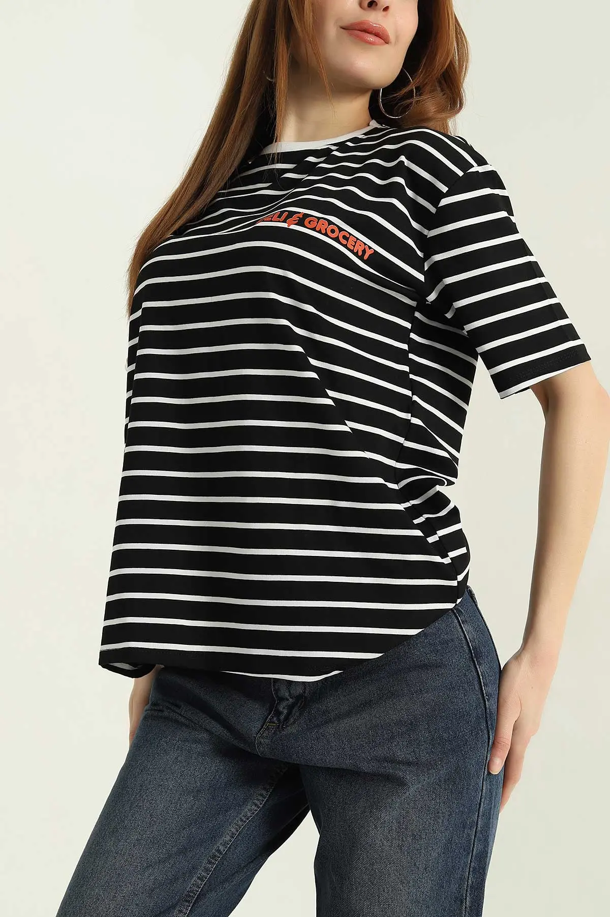 Siyah Çizgili Oversize Kadın Tişört 354282