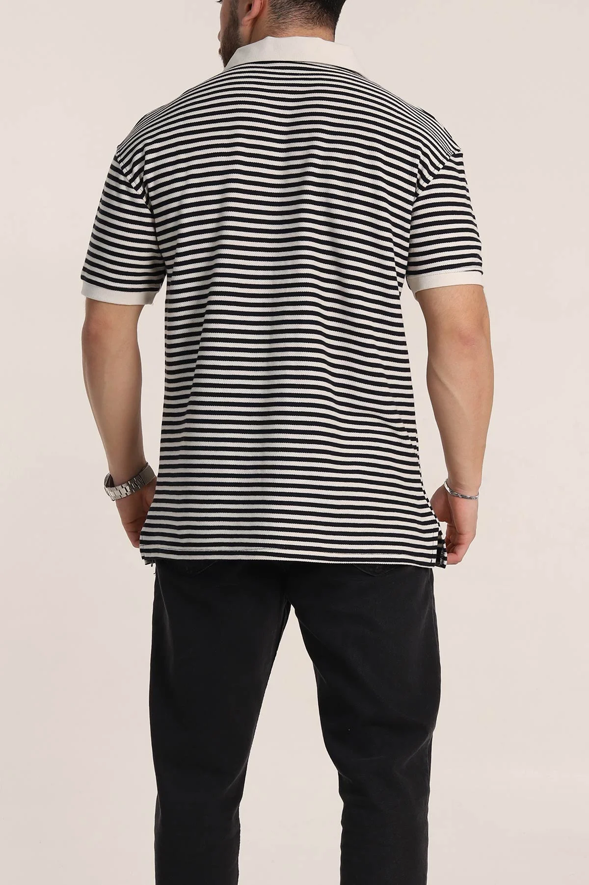 Siyah Çizgili Oversize Örme Polo Yaka Erkek Tişört 349890