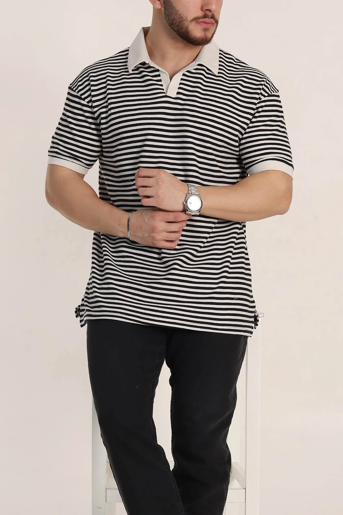 Siyah Çizgili Oversize Örme Polo Yaka Erkek Tişört 349890