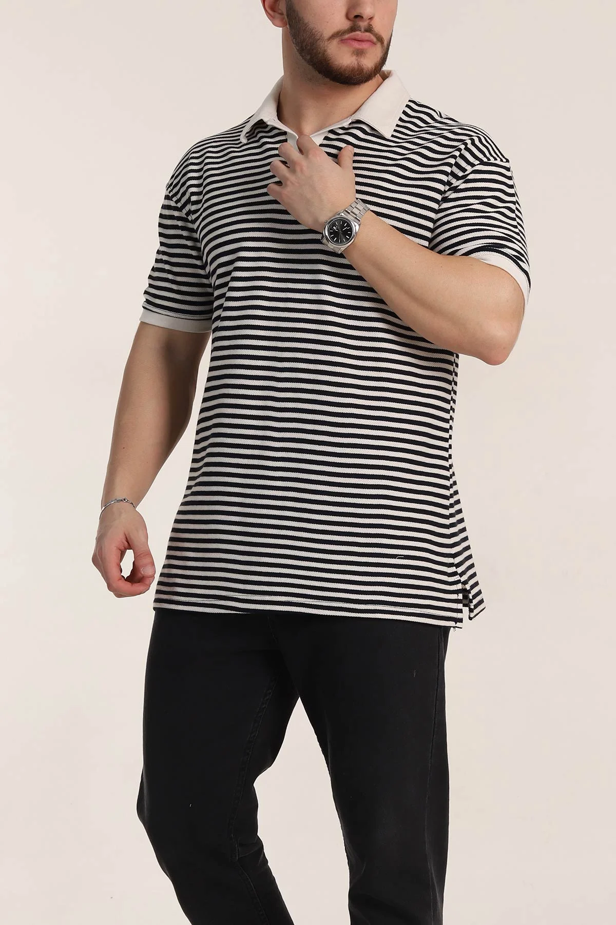 Siyah Çizgili Oversize Örme Polo Yaka Erkek Tişört 349890
