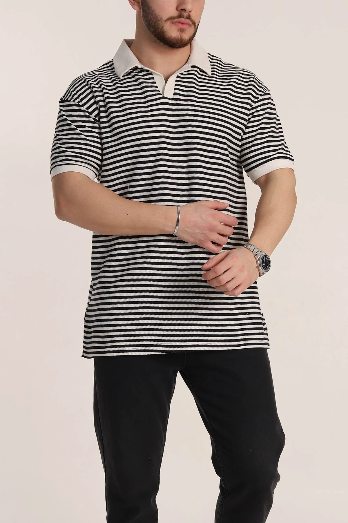 Siyah Çizgili Oversize Örme Polo Yaka Erkek Tişört 349890