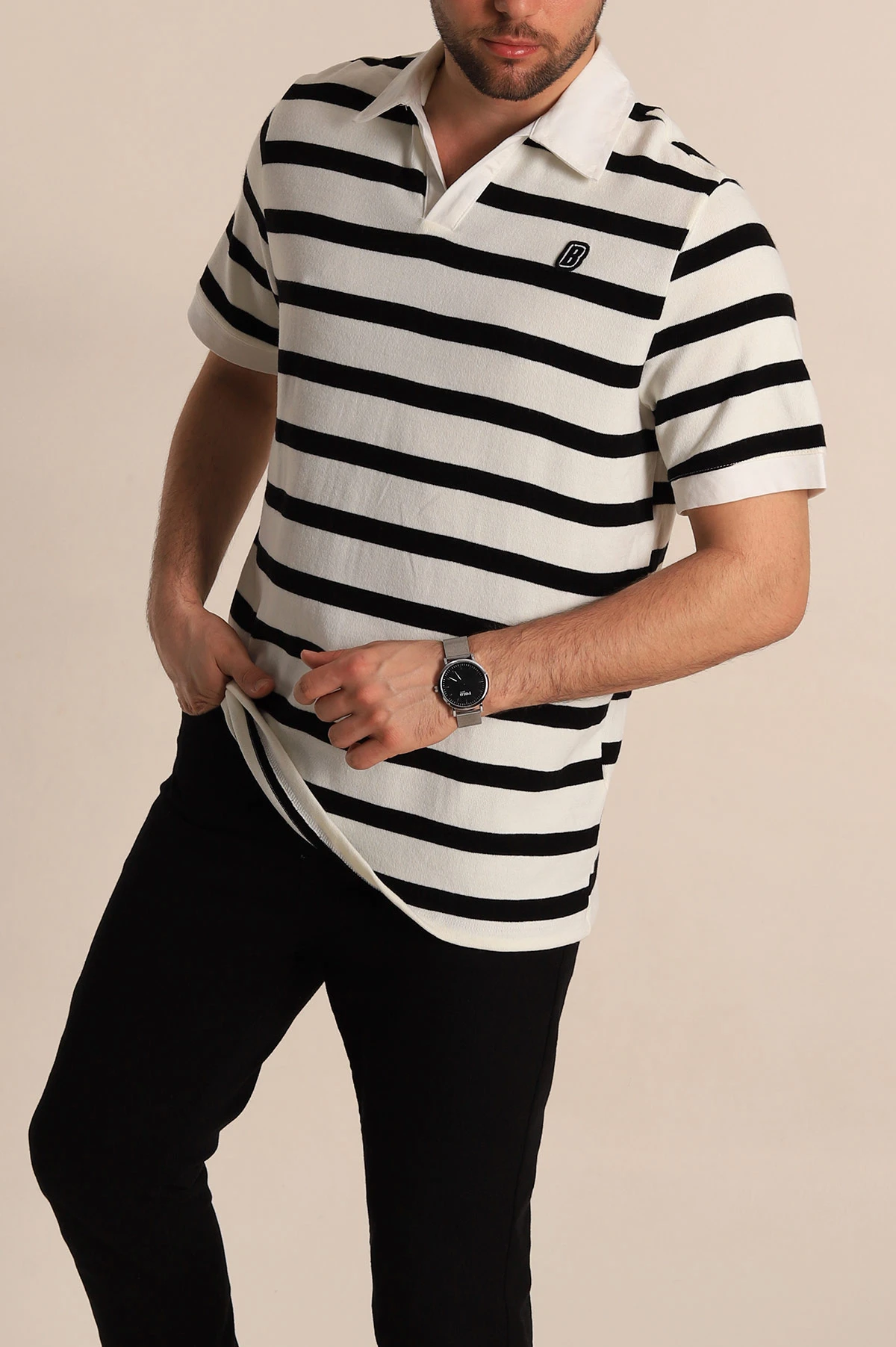 Siyah Çizgili Oversize Polo Yaka Erkek Tişört 272821