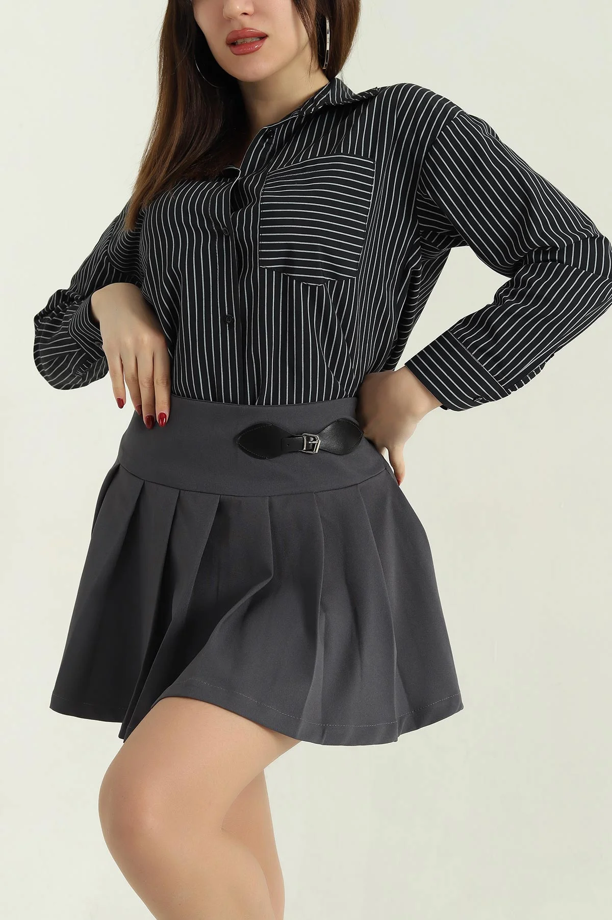 Siyah Çizgili Oversize Poplin Kumaş Gömlek 336466