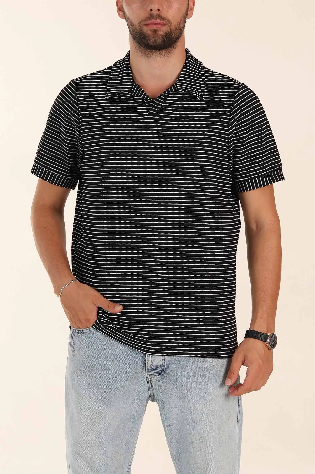 Siyah Çizgili Regular Fit Dokulu Polo Yaka Erkek Tişört 277084