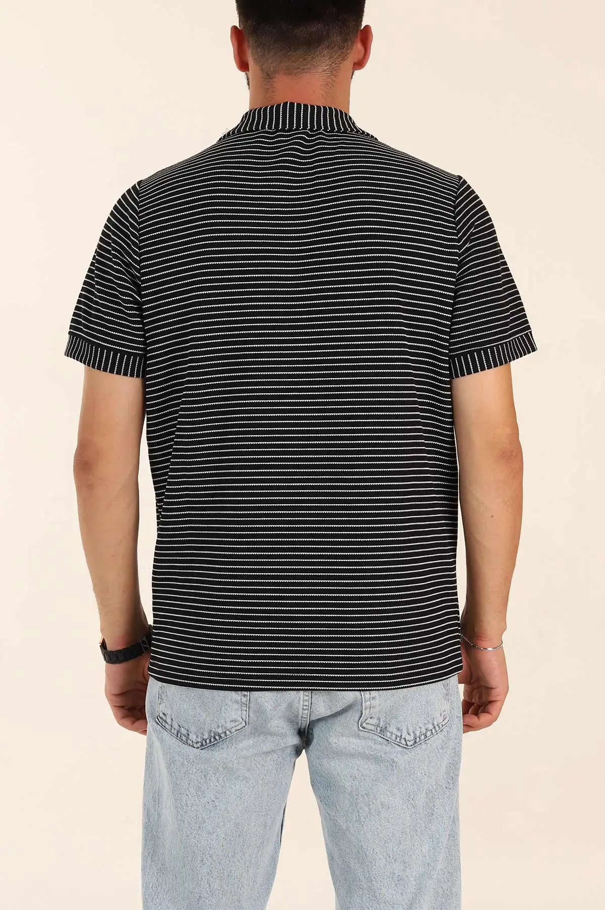 Siyah Çizgili Regular Fit Dokulu Polo Yaka Erkek Tişört 277084