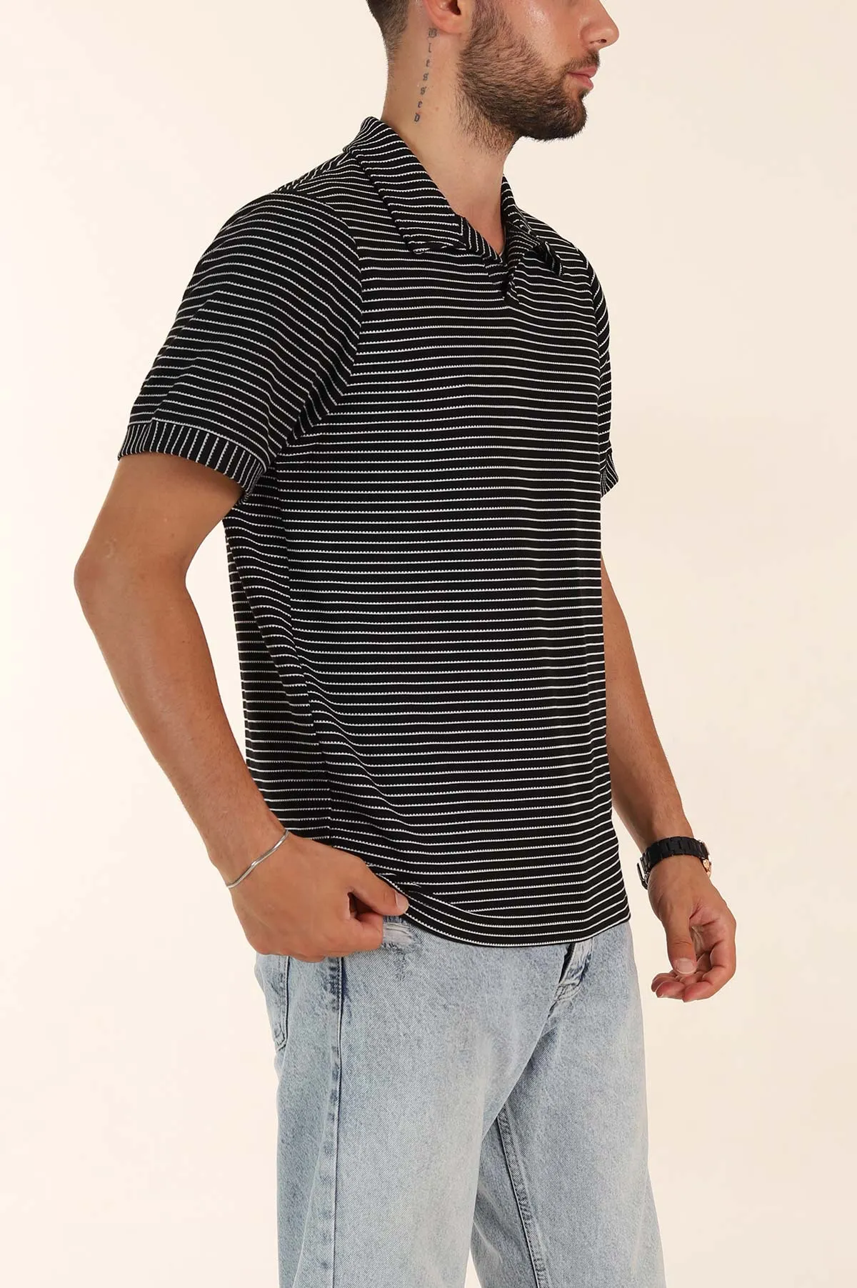 Siyah Çizgili Regular Fit Dokulu Polo Yaka Erkek Tişört 277084