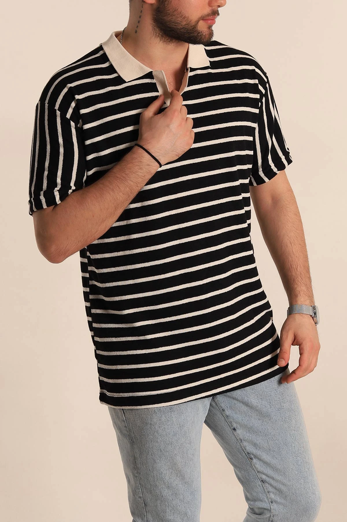 Siyah Çizgili Relaxed Fit Polo Yaka Erkek Triko Tişört 269189