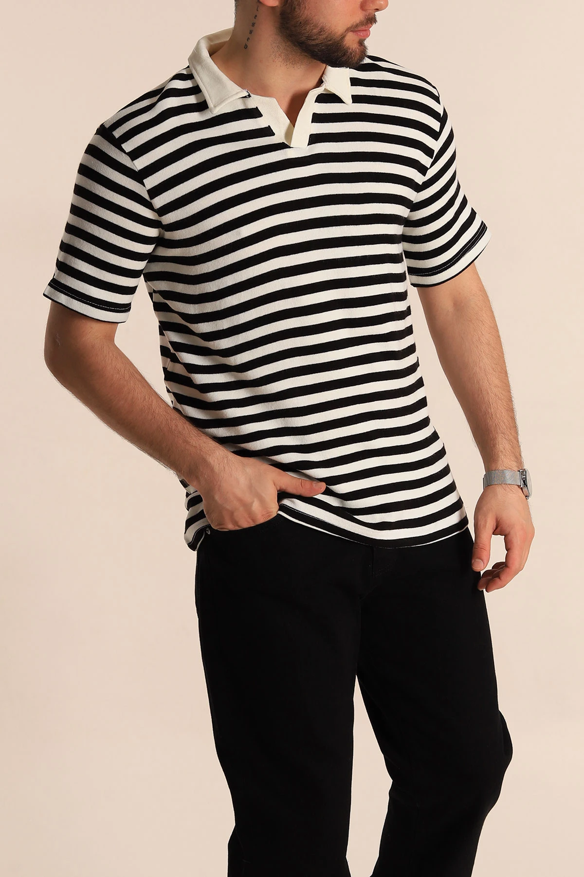 Siyah Çizgili Relaxed Fit Polo Yaka Erkek Triko Tişört 276747