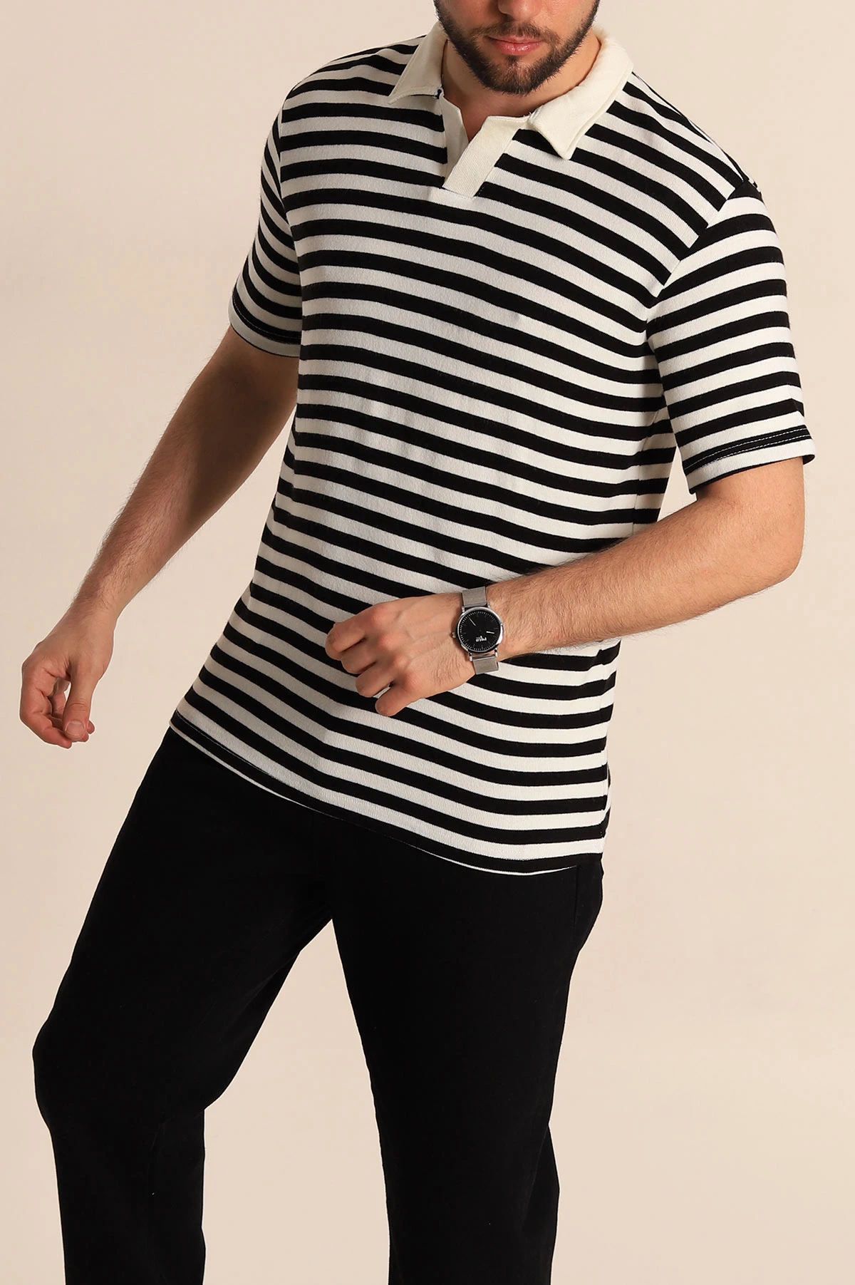 Siyah Çizgili Relaxed Fit Polo Yaka Erkek Triko Tişört 276747