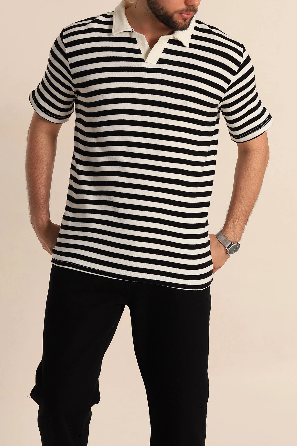 Siyah Çizgili Relaxed Fit Polo Yaka Erkek Triko Tişört 276747