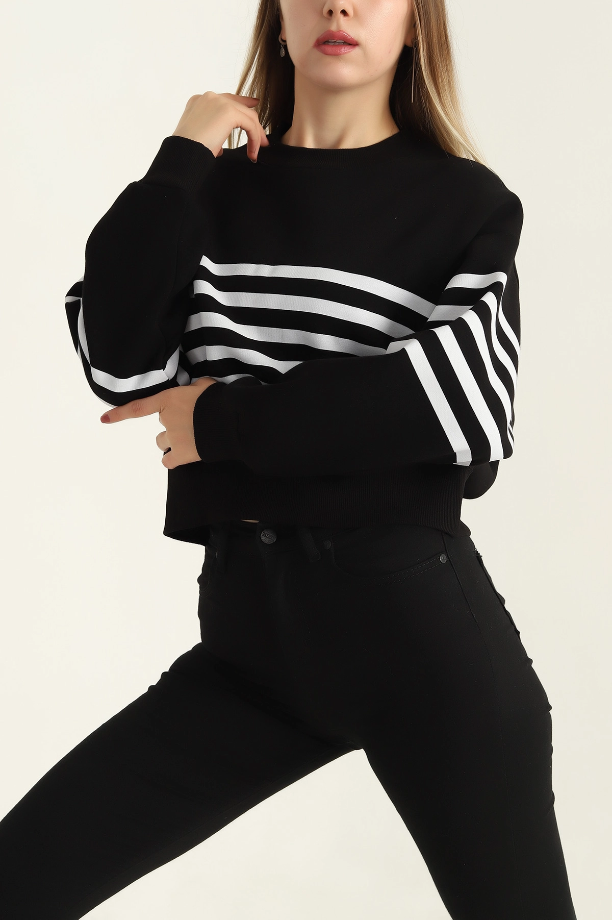 Siyah Çizgili Şardonlu İki İp Bayan Sweat 303892