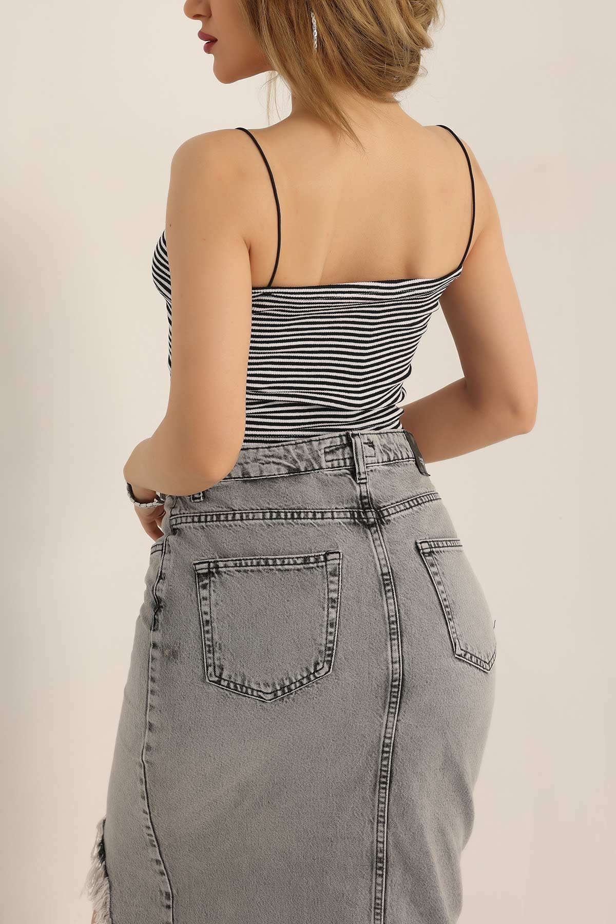 Siyah Çizgili Tasarım Crop Üst 178130