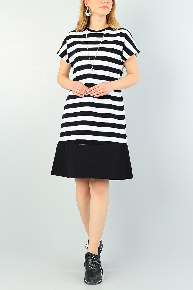 Siyah Çizgili Tasarım Garnili Elbise 63082