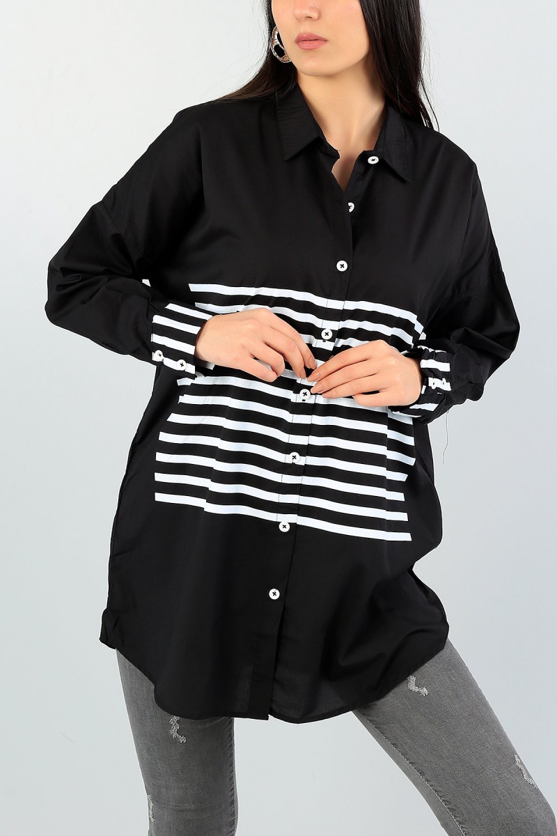 Siyah Çizgili Tasarım Gömlek Tunik 57893