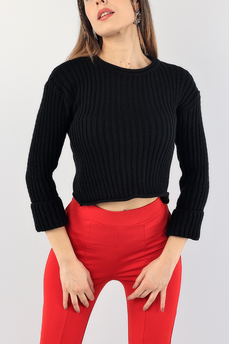 Siyah Crop Bayan Triko Kazak 89056