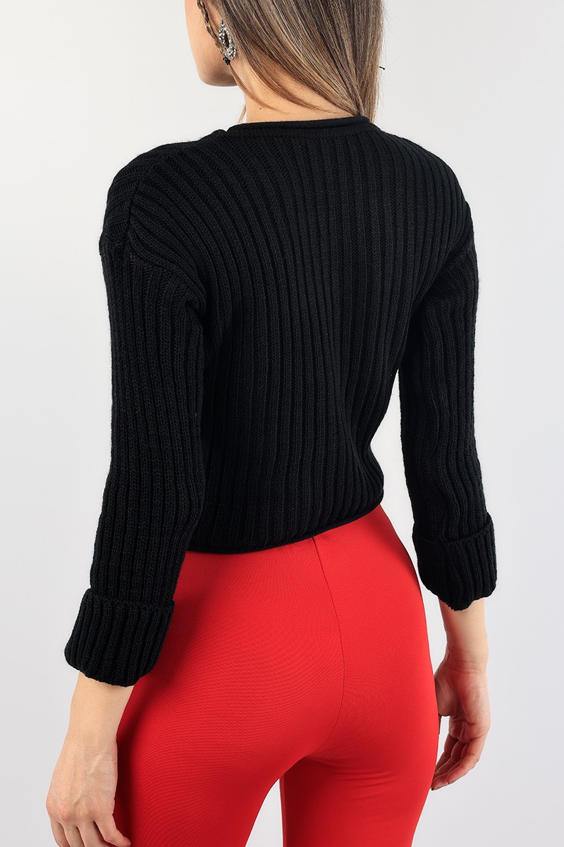 Siyah Crop Bayan Triko Kazak 89056