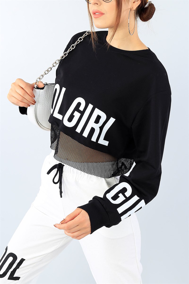 Siyah Crop Fileli Tasarım Bayan Sweat 39116