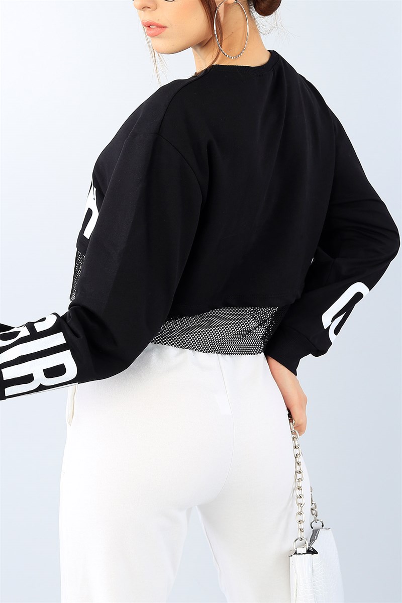 Siyah Crop Fileli Tasarım Bayan Sweat 39116