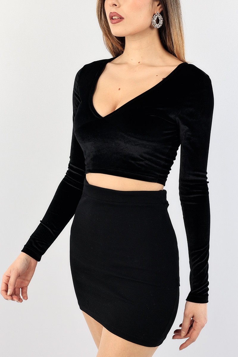 Siyah Crop Kadife Bluz 90429