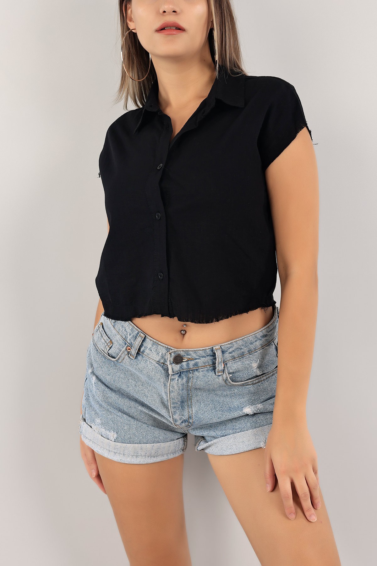 Siyah Crop Keten Gömlek 124644