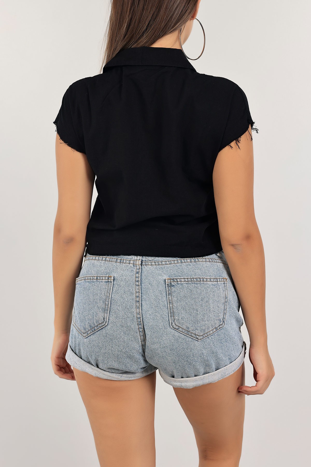 Siyah Crop Keten Gömlek 124644