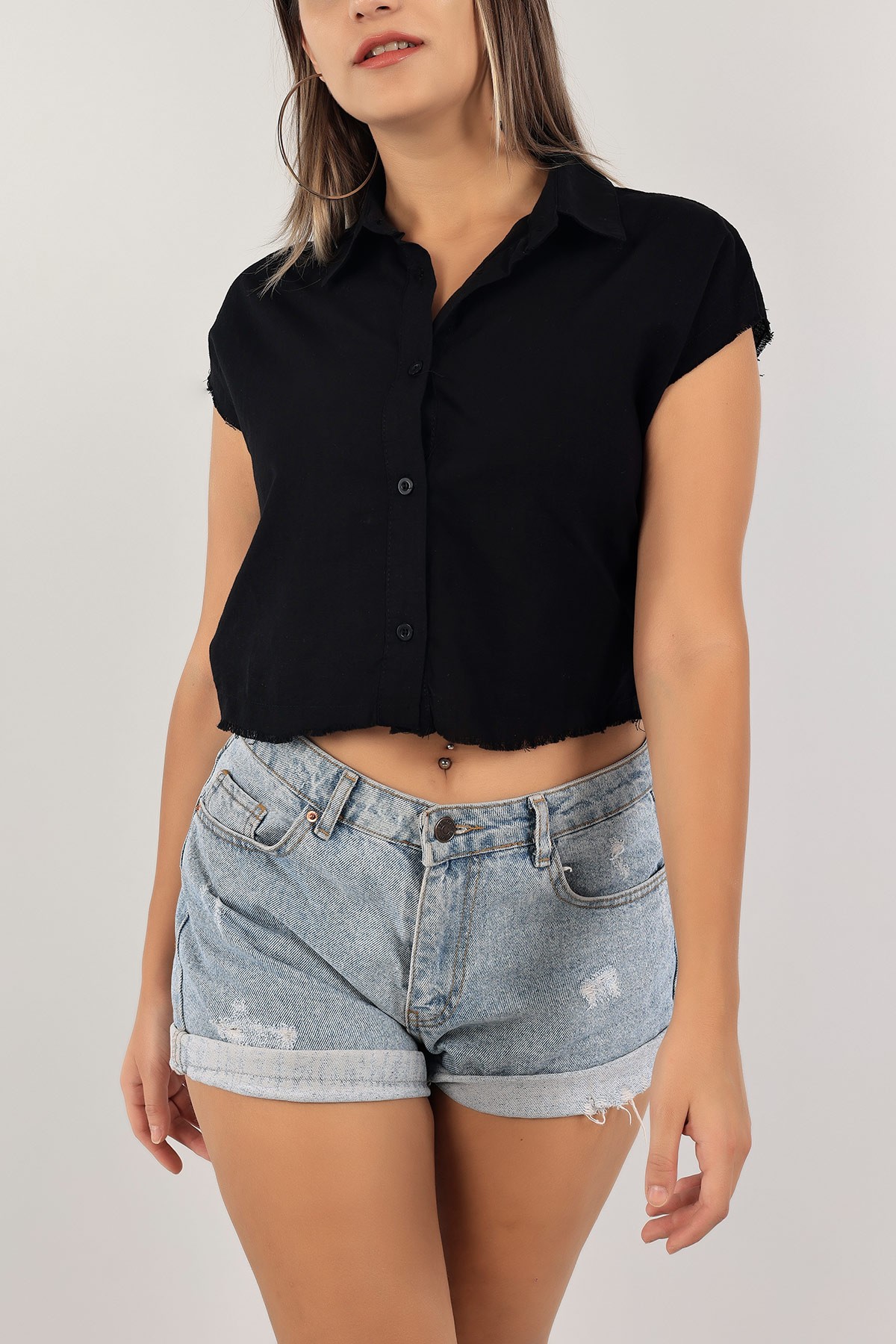 Siyah Crop Keten Gömlek 124644