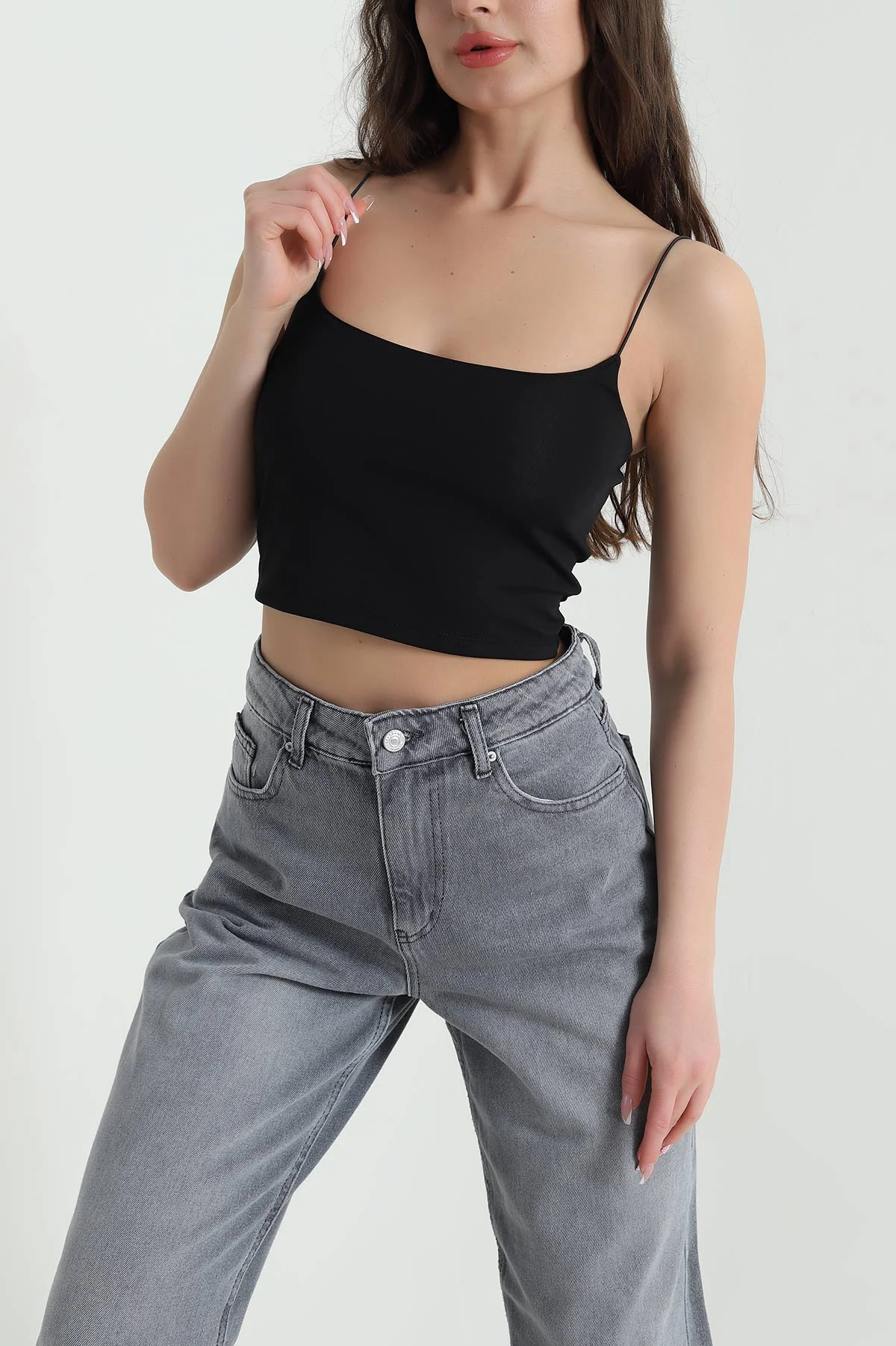 Siyah Dalgıç İp Askılı Kadın Crop 456121