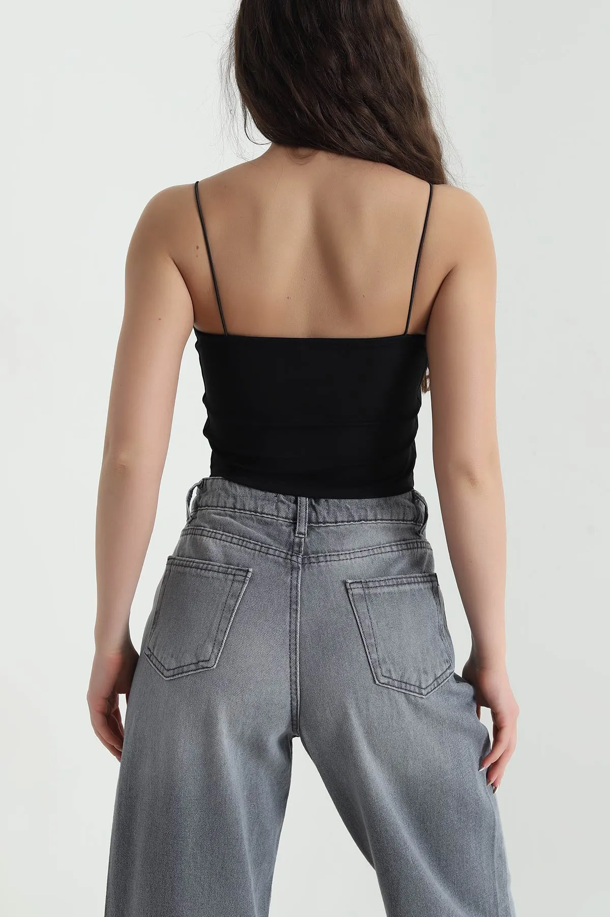 Siyah Dalgıç İp Askılı Kadın Crop 456121