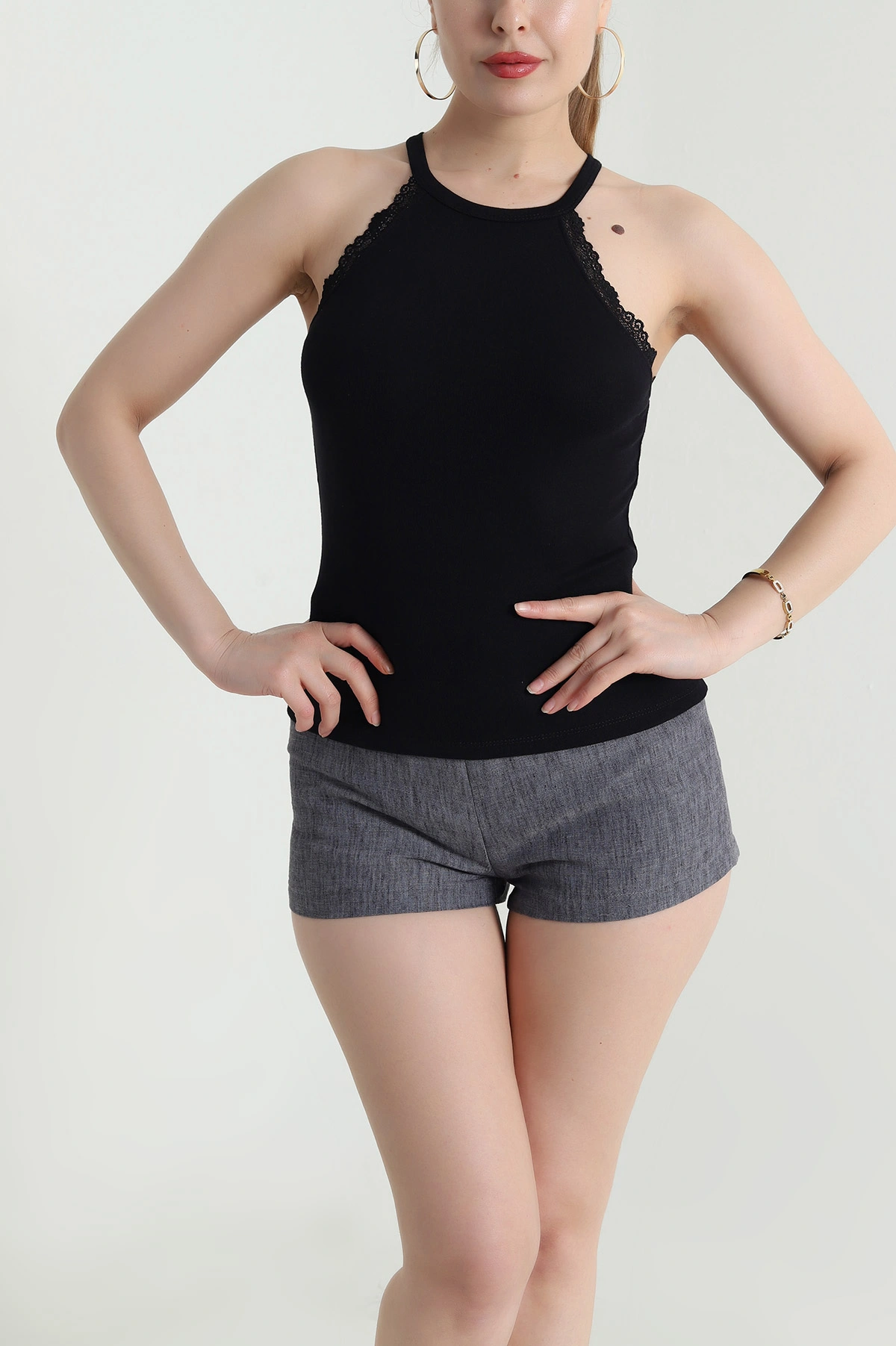 Siyah Dantel Detay Halter Kadın Bluz 466469
