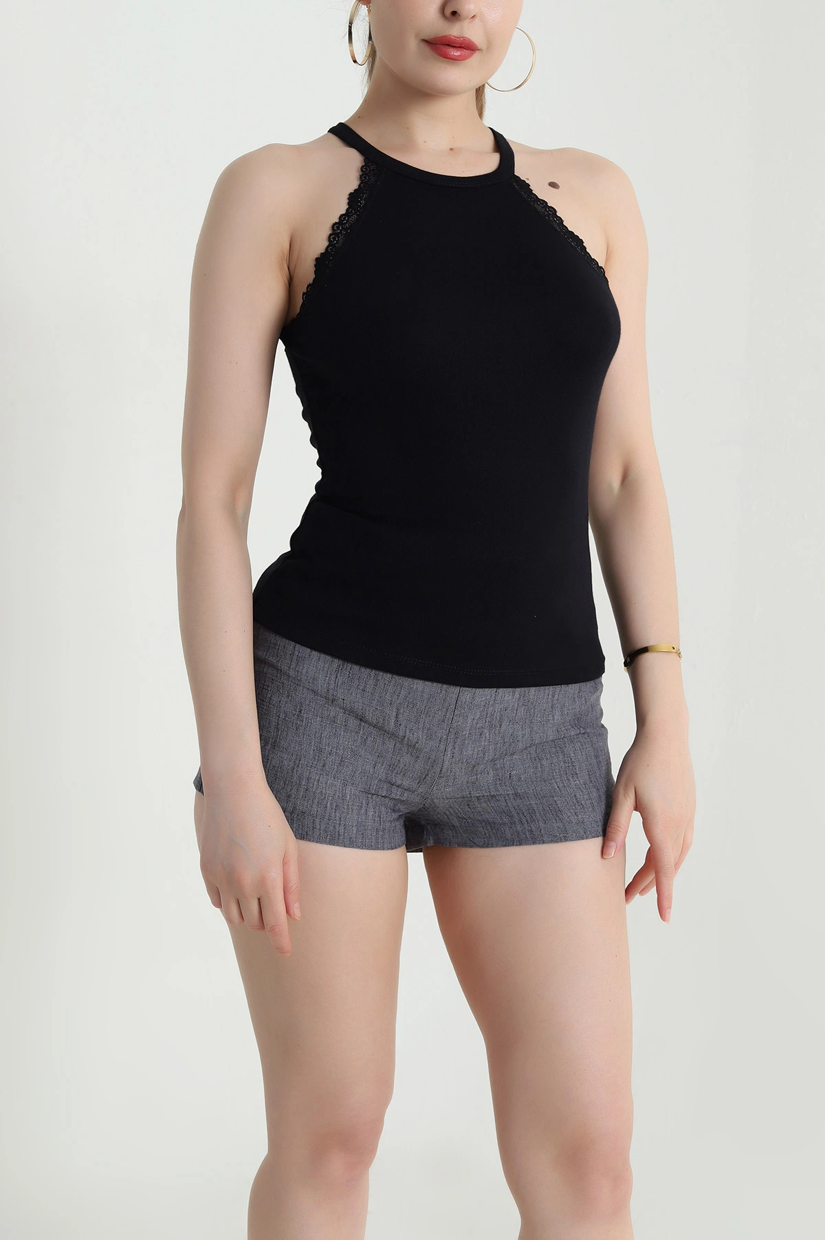 Siyah Dantel Detay Halter Kadın Bluz 466469