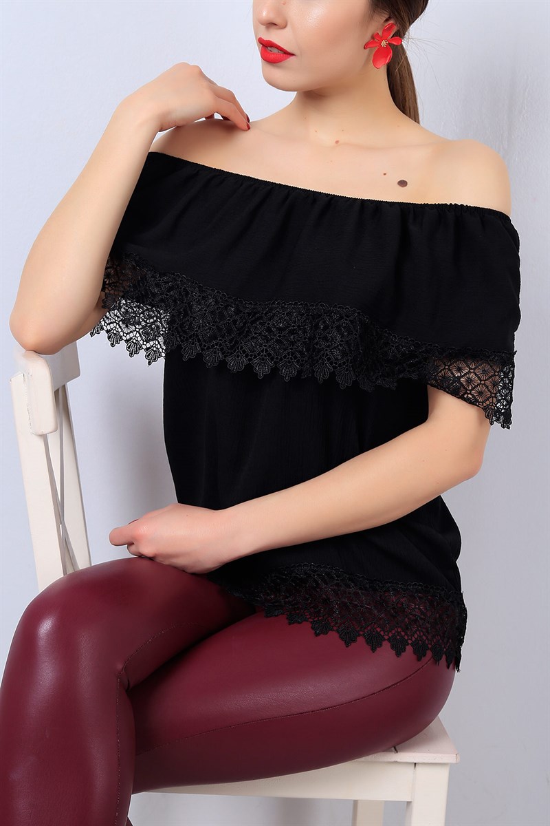 Siyah Dantel Detay Kayık Yaka Bluz 13466B