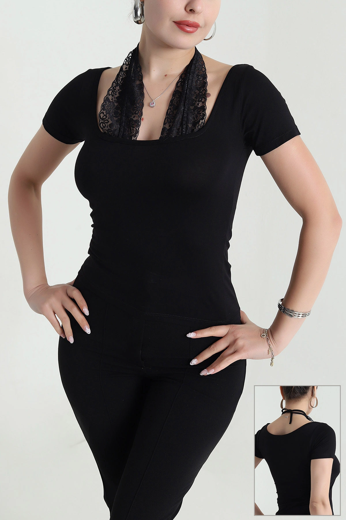 Siyah Dantel Detay Viskon Kadın Bluz 477590