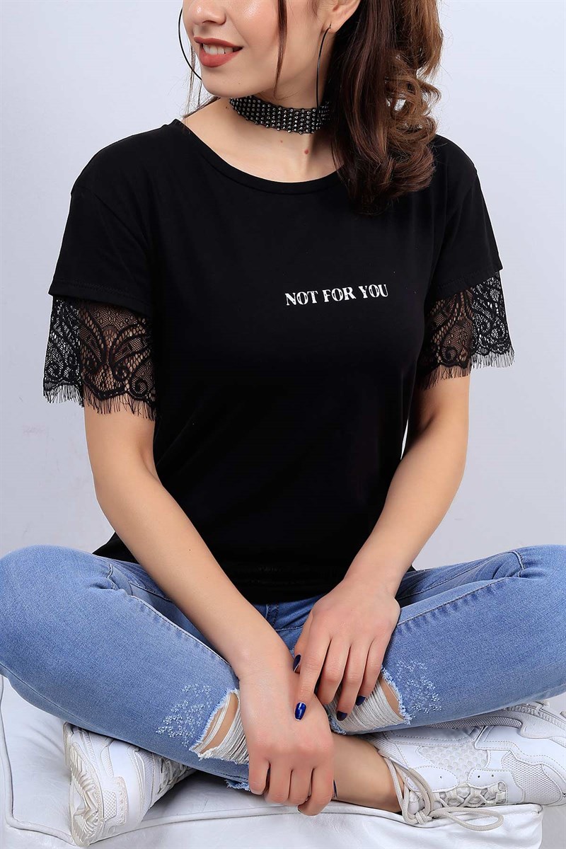 Siyah Dantel Detaylı Bayan Tişört 12483B